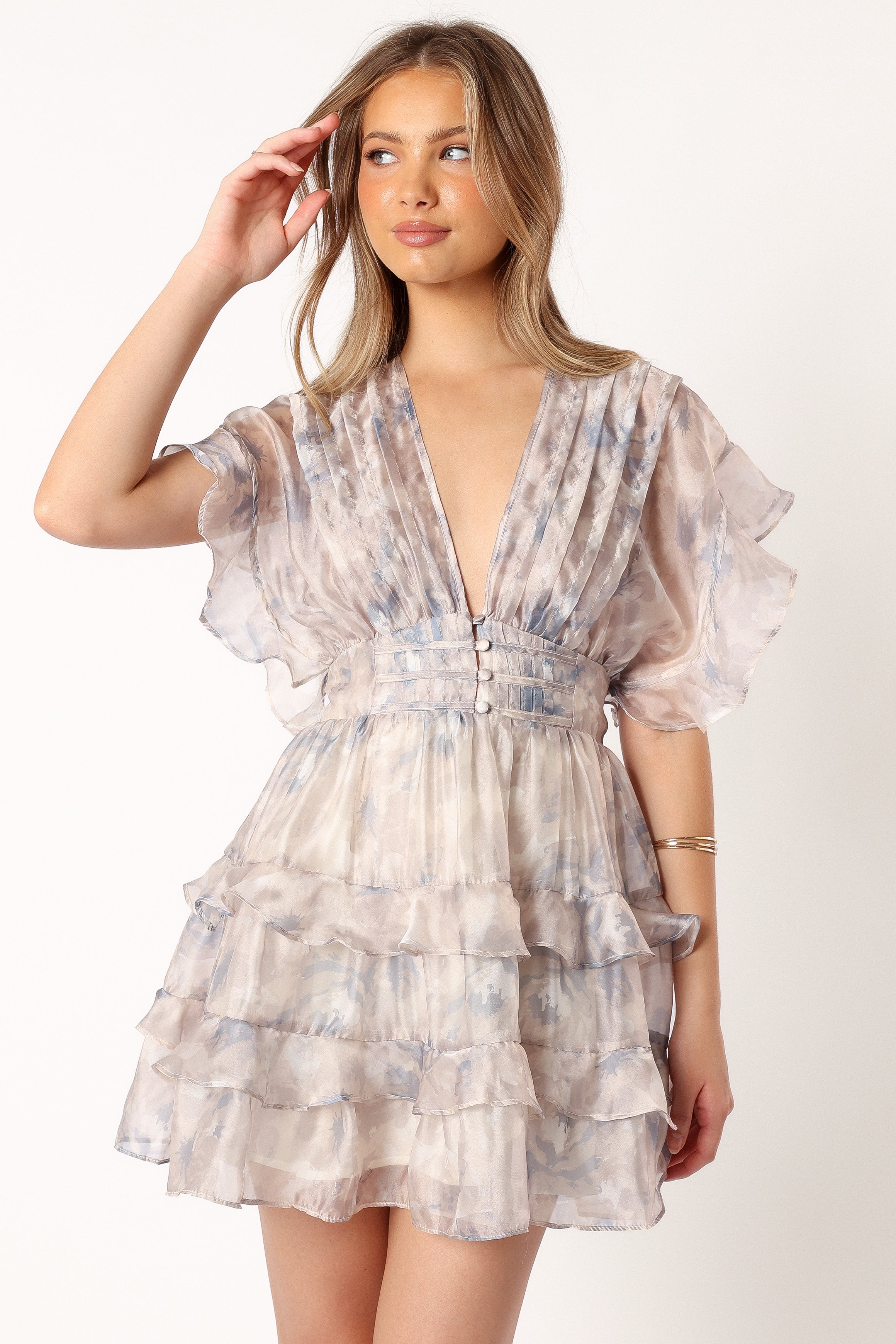 Rina Tiered Mini Dress - Beige Blue Floral