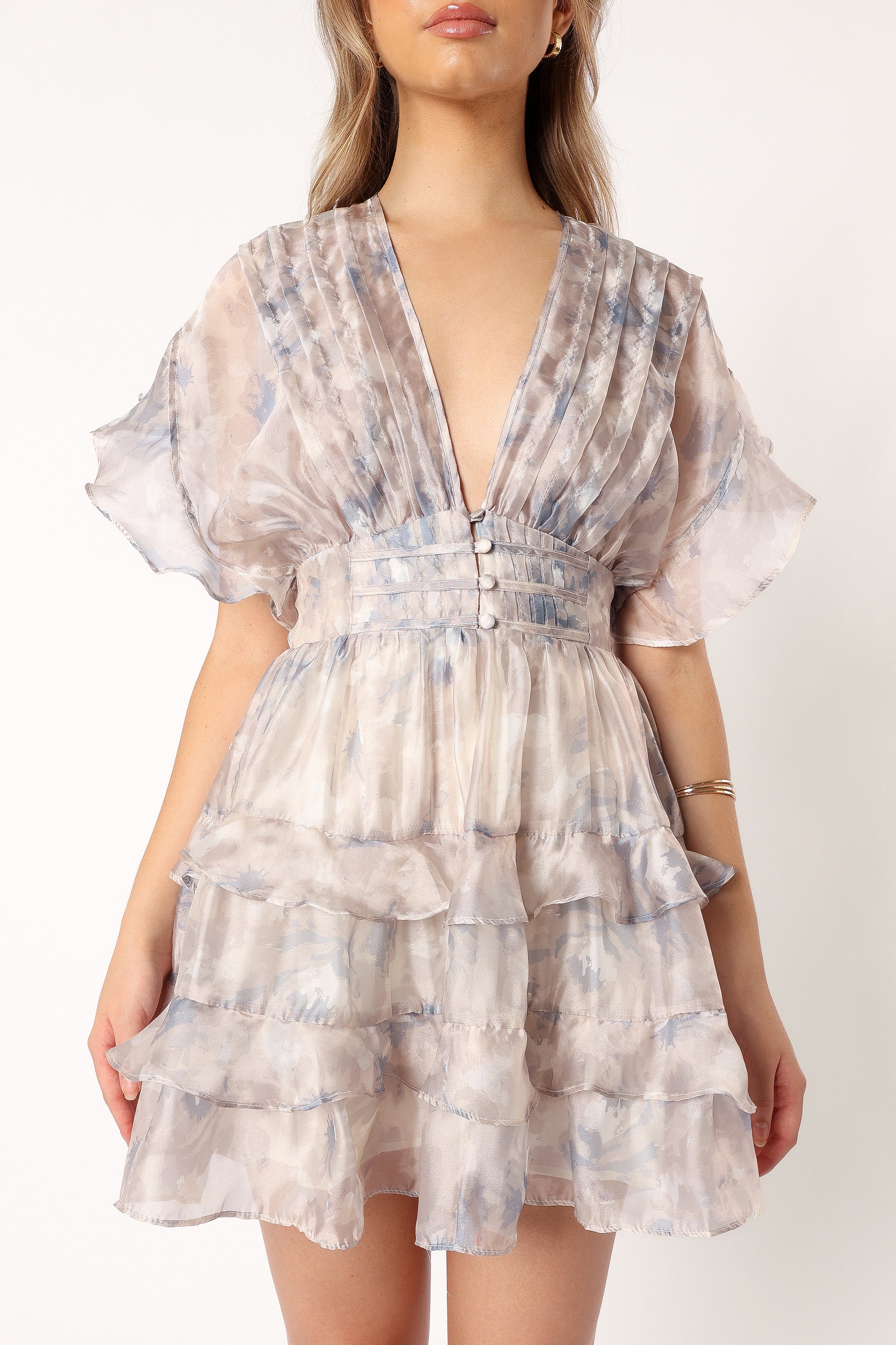 Rina Tiered Mini Dress - Beige Blue Floral