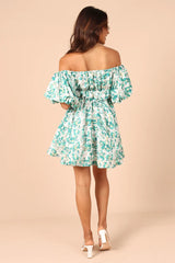 Green Floral Off Shoulder Mini Dress