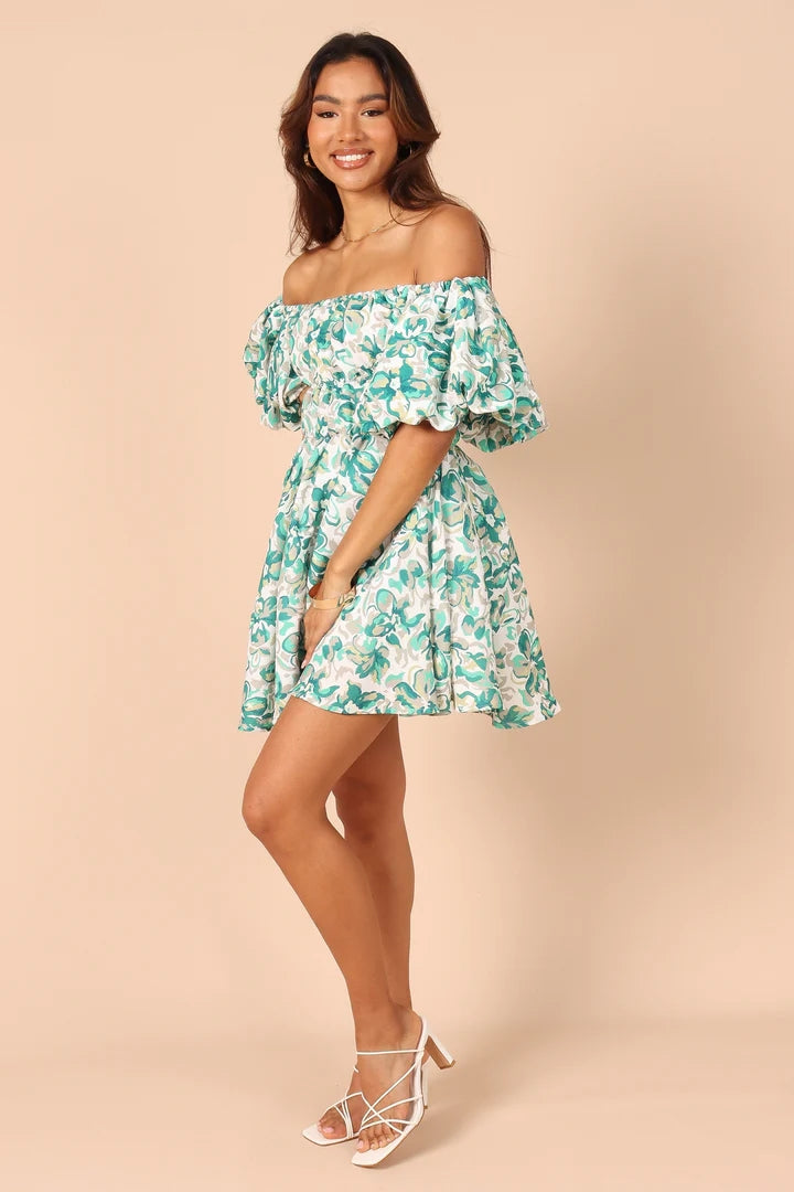 Green Floral Off Shoulder Mini Dress