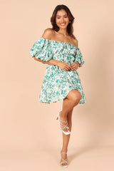 Green Floral Off Shoulder Mini Dress