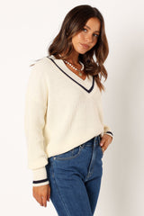 Dominique Contrast Vneck Knit Sweater - Ivory/Navy