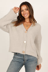 Willow Fuzzy Large Button Cardigan - Light Grey