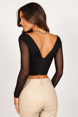 Elidy Long Sleeve Mesh Corset Top - Black