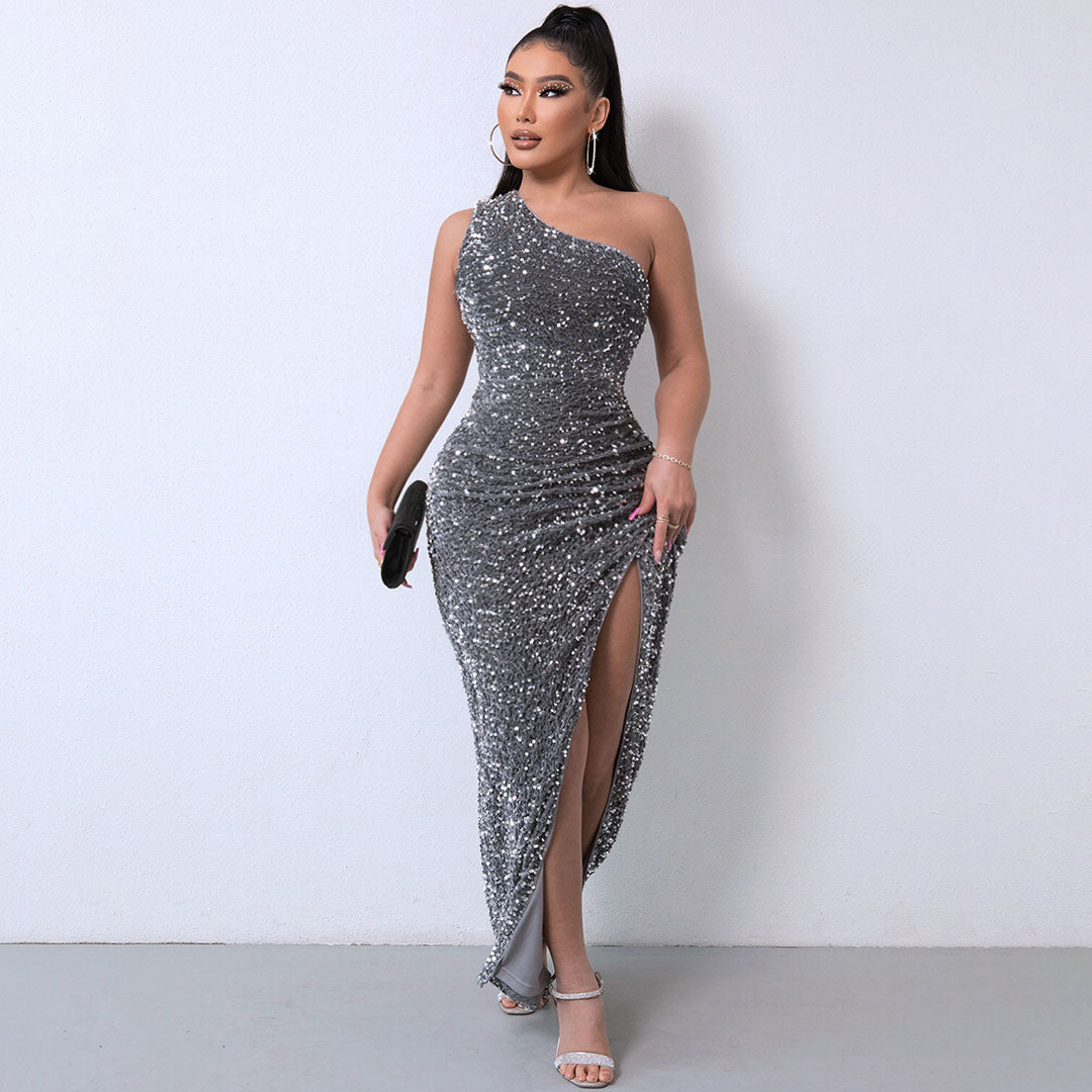 Shimmery Sequin High Split One Classic Shoulder Gown Maxi Dress - Burgundy
