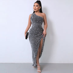 Shimmery Sequin High Split One Classic Shoulder Gown Maxi Dress - Burgundy