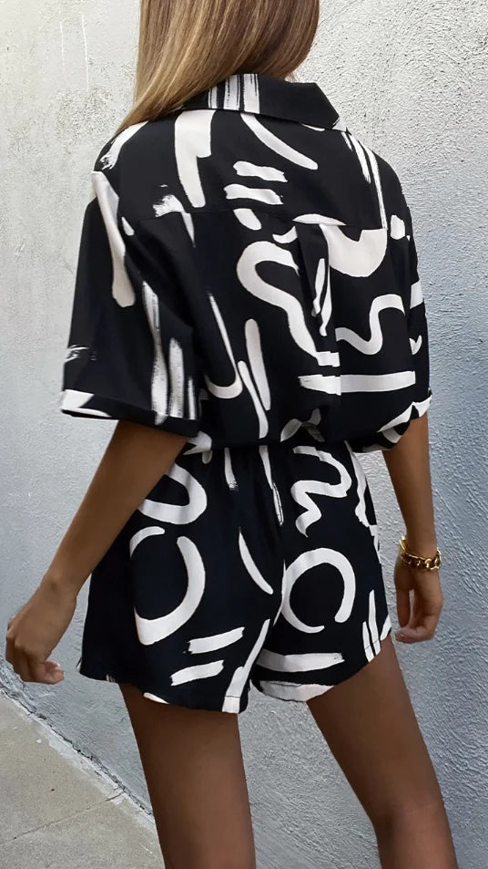 Black Striped Shirt and Shorts Matching Sets