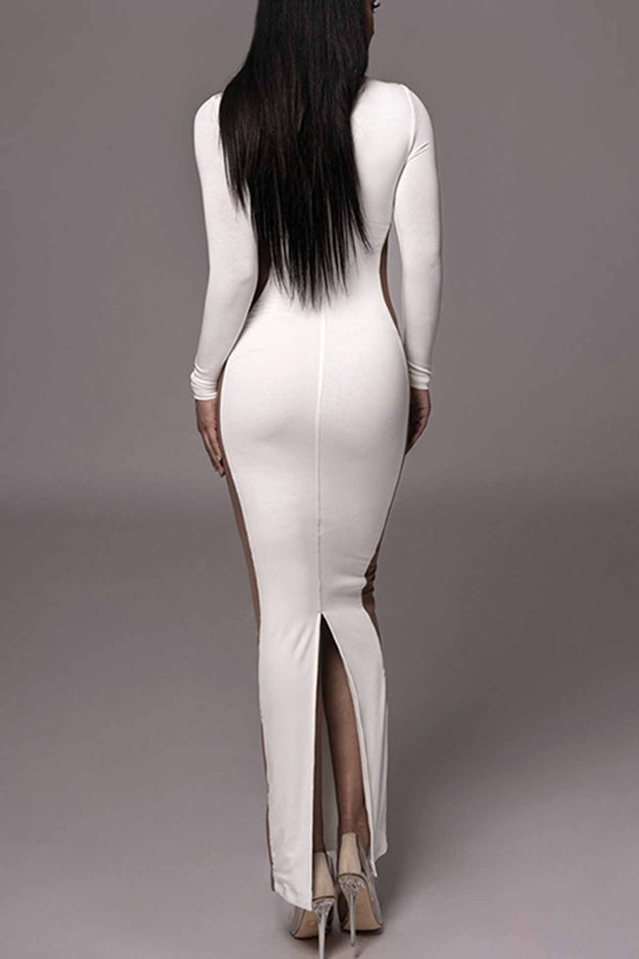 Contrast Crew Neck Long Sleeve Slit Midi Dress
